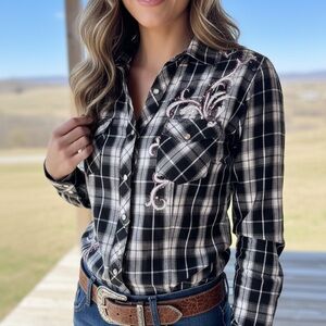 Panhandle Slim Western Shirt. Black/White with Embroidery & Crystals. Size L